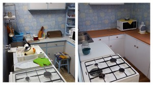 Kuchnia przed i po odświeżeniu (malowaniu, wymianie blatu i gałek)